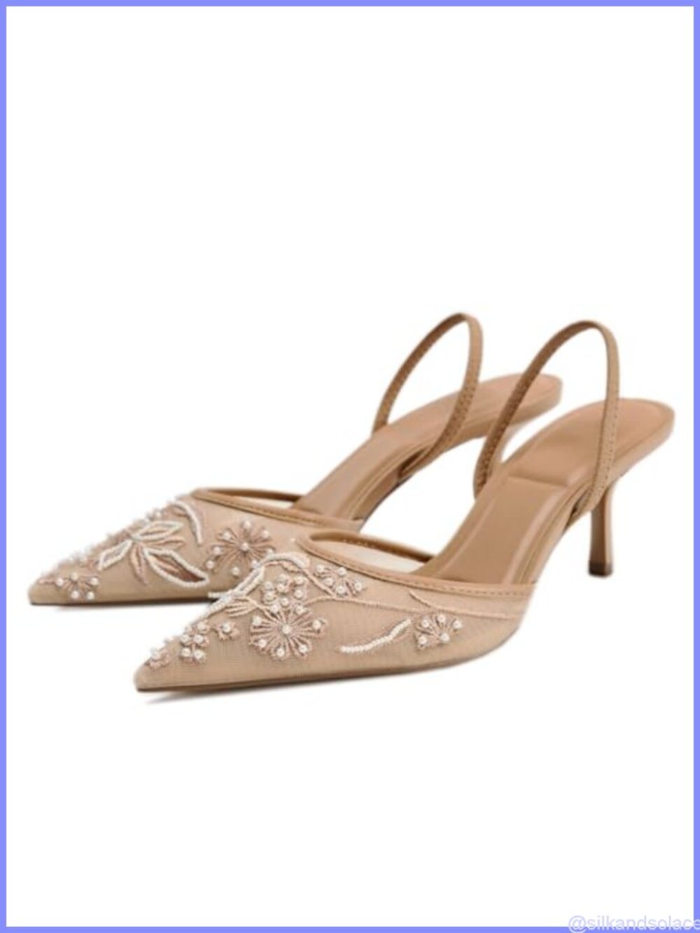 Kluolandi Embroidery Mesh Slingback Kitten Heels Pearl Wedding Shoes